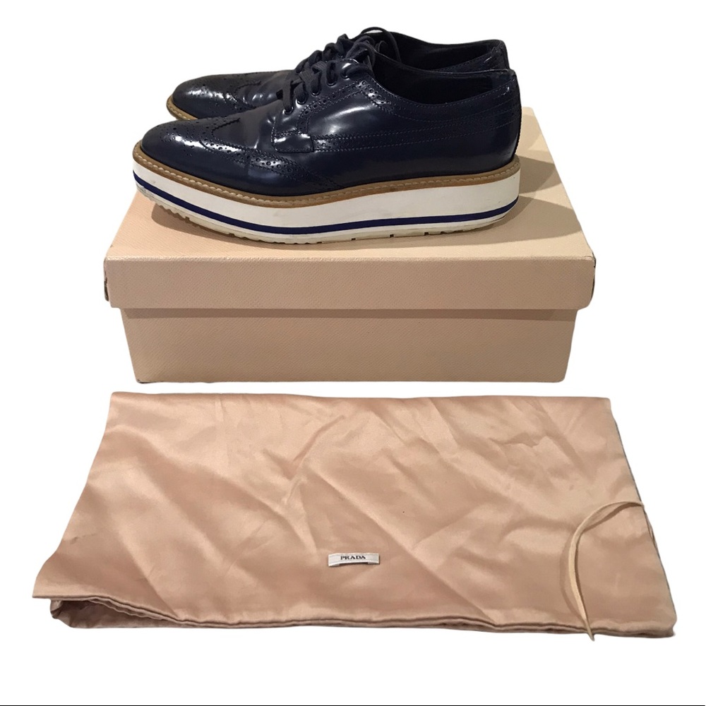 PRADA blue Leather Wingtip Brogue Platform Derby Shoes Size 8.5 / 38.5